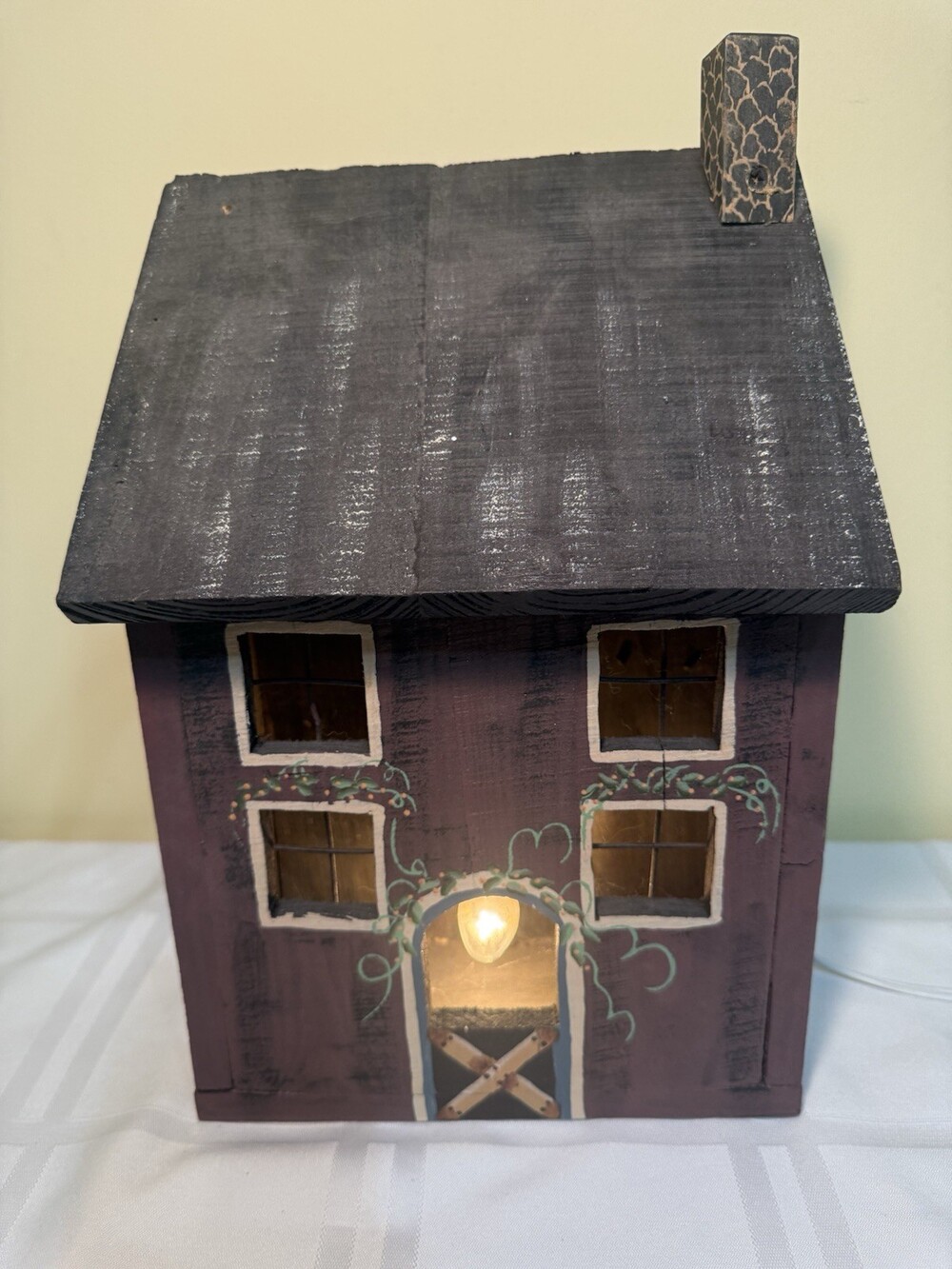 Vintage Primitive Wooden Saltbox House Lighted Luminary Hand Painted 13”